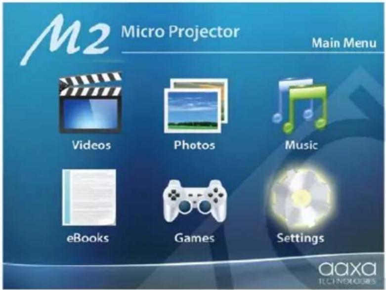M2 Micro Projector Main Menu Videos Photos Music eBooks Games Settings aaxa TECHNOLOGIES