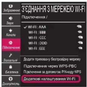 Зображения Звух Каналу Підключення Загальні Безпека Доспулніль З'ЄДНАННЯ 3 МЕРЕЖЕЮ WI-FI Підключення / ✓ WI-FI: AAA WI-FI: BBB WI-FI: CCC WI-FI: ODD WI-FI: EEE Додати приховану безпровідну мережу Підключення через WPS-PBC Підключення за допомогою PINкуду WPS Додаткові налаштування Wi-Fi