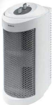 White portable electric heater with mesh grille and top-mounted cooling unit (no visible text or symbols)