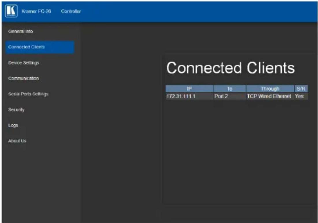 Kramer FC-26 Controller General Info Connected Clients Device Settings Communication Serial Ports Settings Security Logs About Us Connected Clients IP To Through S/R 172.31.111.1 Port 2 TCP Wired Ethernet Yes
