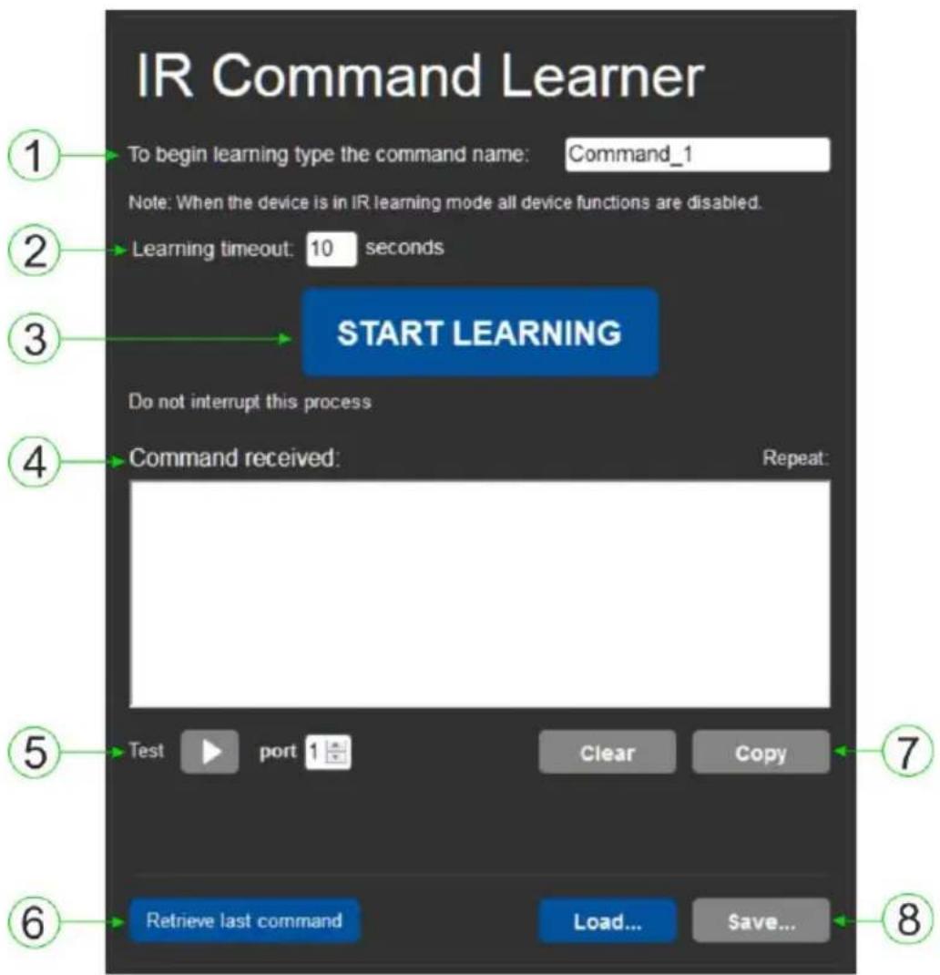 IR Command Learner To begin learning type the command name: Command_1 Note: When the device is in IR learning mode all device functions are disabled. Learning timeout: 10 seconds START LEARNING Do not interrupt this process Command received: Repeat: Test port Clear Copy Retrieve last command Load... Save...
