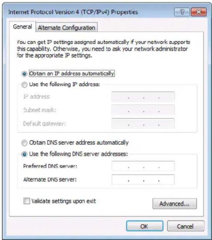Internet Protocol Version 4 (TCP/IPv4) Properties General Alternate Configuration You can get IP settings assigned automatically if your network supports this capability. Otherwise, you need to ask your network administrator for the appropriate IP settings. Obtain an IP address automatically; Use the following IP address: IP address: .... Subnet mask: .... Default gateway: .... Obtain DNS server address automatically Use the following DNS server addresses: Preferred DNS server: .... Alternate DNS server: .... Validate settings upon exit Advanced... OK Cancel