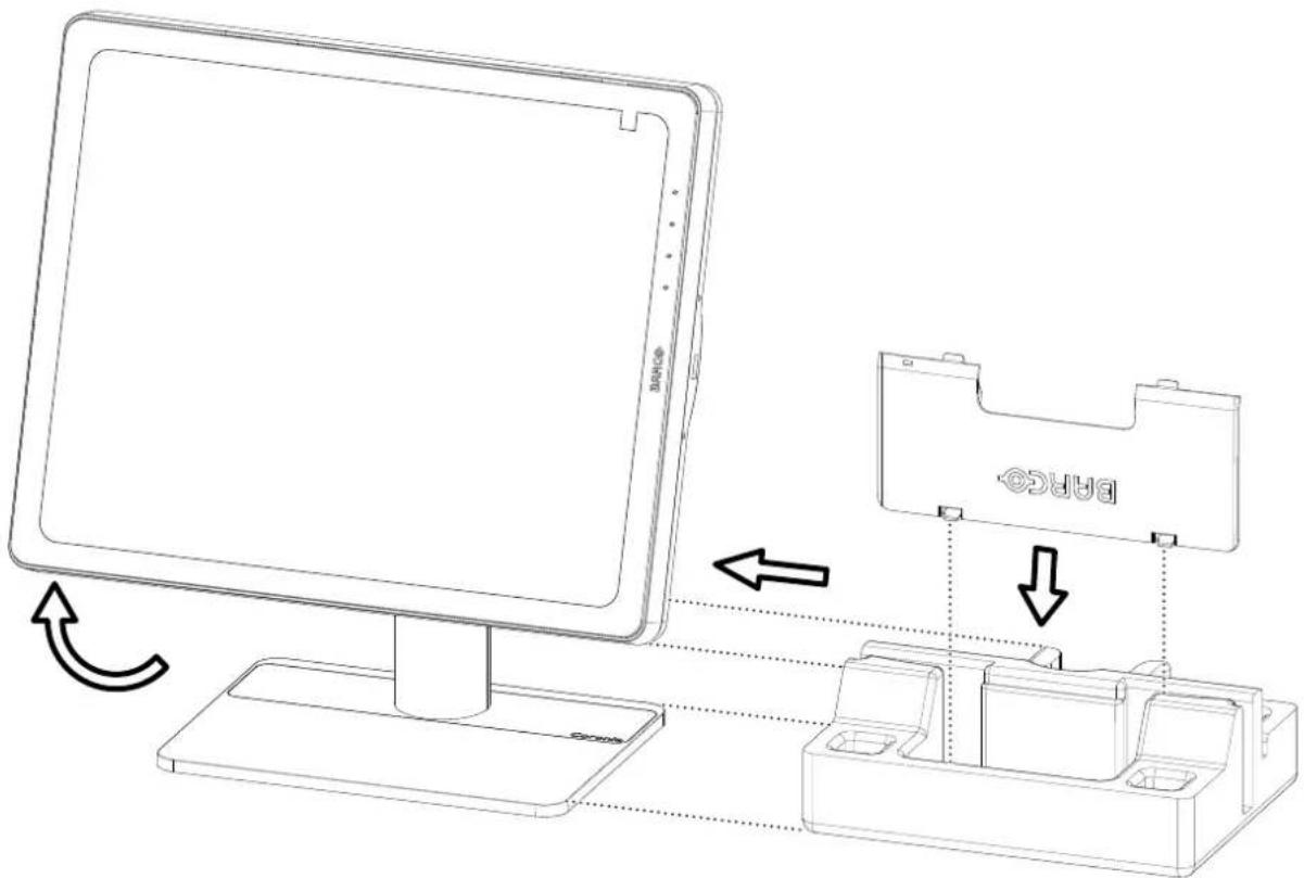 Technical diagram showing device connection with labeled components and directional arrows indicating rotation or assembly.