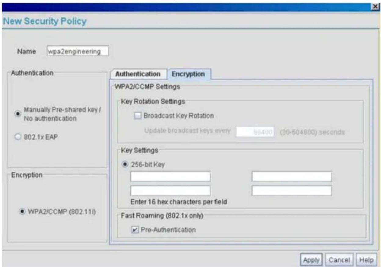 New Security Policy Name wpa2engineering Authentication Manually Pre-shared key / No authentication 802.1x EAP Encryption WPA2/CCMP Settings Key Rotation Settings Broadcast Key Rotation Update broadcast keys every 66400 (30-604800) seconds Key Settings 256-bit Key Enter 16 hex characters per field Fast Roaming (802.1x only) Pre-Authentication Apply Cancel Help