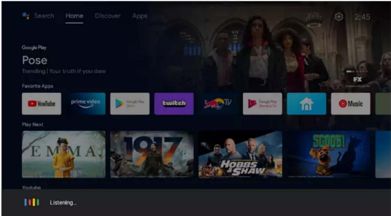 Search Home Discover Apps 2:45 Google Play Pose Trending | Your truth if you dare Favorite Apps YouTube prime video Google Play Store twitch TV Google Play Movie&TV Music Play Next EMMA 1917 HOBBS & SHAW SGOOB! Youtube Listening...