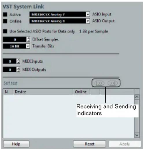 VST System Link Active MR816CSX Analog 7 ASIO Input Online MR816CSX Analog 8 ASIO Output Use Selected ASIO Ports for Data only 1 Bit per Sample 0 Offset Samples 16 BR Transfer Bits 0 MLDI Inputs 0 MLDI Outputs Self test N Device Online Receiving and Sending indicators Help Reset Apply