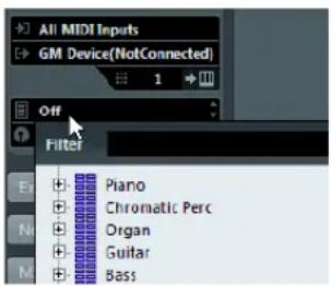 All MIDI Inputs GM Device(NotConnected) Off Filter Piano Chromatic Perc Organ Guitar Bass