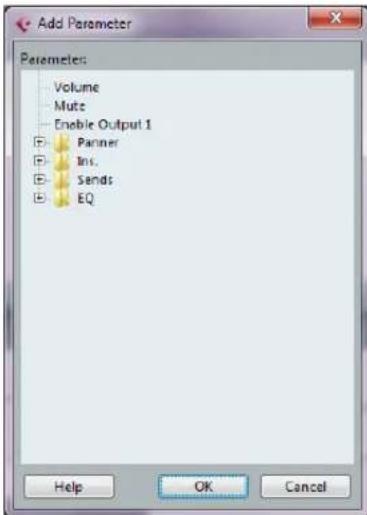 Add Parameter Parameters Volume Mute Enable Output 1 Banner Ins. Sends EQ Help OK Cancel
