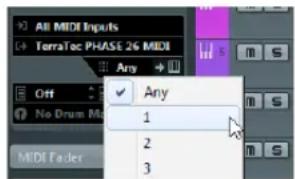 All MIDI Inputs TerraTec PHASE 26 MIDI Any → Off No Drum M MIDI Fader Any 1 2 3