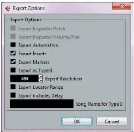Export Options Export Options Export Inspector Patch Export Inspector Volume/Pan Export Automation Export Inserts Export Markers Export as Type0 480 Export Resolution Export Locator Range Export includes Delay Song Name for Type 0 OK Cancel