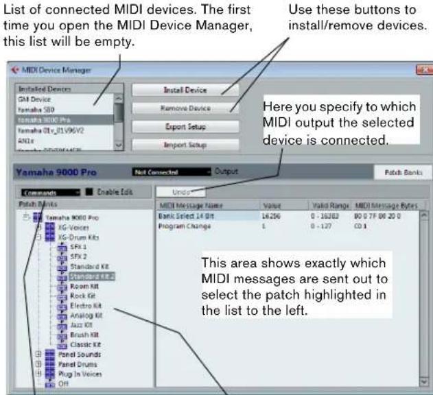 List of connected MIDI devices. The first time you open the MIDI Device Manager, this list will be empty. Use these buttons to install/remove devices. MIDI Device Manager Installed Devices OM Device Yamaha 500 Yamaha 9000 Pro Yamaha OTR_J1V96V2 ANDx Install Device Remove Device Export Setup Import Setup Here you specify to which MIDI output the selected device is connected. Yamaha 9000 Pro Not Connected Output Patch Banks Commands Enable Edit Under Patch Marks Yamaha 9000 Pro KG-Voice KG-Drum Kits SPX 1 SPX 2 Standard Kit STANDARD KIE Room Kit Rock Kit Electro Kit Analog Kit Jazz Kit Brush Kit Classic Kit Panel Sounds Panel Drums Plug In Voices OH MIDI Message Name Value Valid Range MIDI Message Bytes Bank Select 14 Bit 14256 0 - 18383 80 0 7F 86 20 0 Program Change 1 0 - 127 CD 1 This area shows exactly which MIDI messages are sent out to select the patch highlighted in the list to the left.