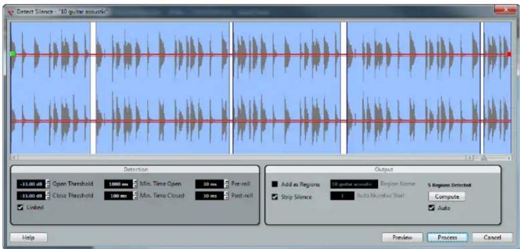 Detect Silence - "10 guitar acoustic" Detection -33.00 dB Open Threshold 1000 ms Min. Time Open 30 ms Pre-roll -33.00 dB Close Threshold 100 ms Min. Time Closed 30 ms Post-roll Linked Output Add as Regions 10 guitar acoustic Region Name 5 Regions Detected Strip Silence 1 Auto Number Start Compute Auto Help Preview Process Cancel