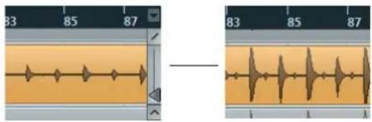 Audio editing software interface showing two waveform frames with time markers and playback controls