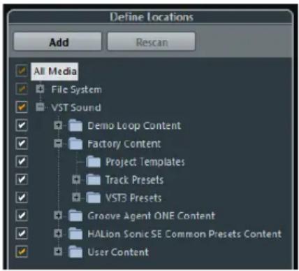 Define Locations Add Rescan All Media File System VST Sound Demo Loop Content Factory Content Project Templates Track Presets VST3 Presets Groove Agent ONE Content HALion Sonic SE Common Presets Content User Content