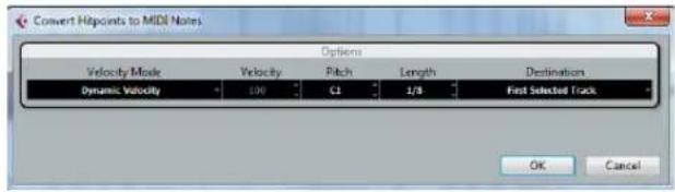 Convert Hitpoints to MIDI Notes Options Velocity Mode Velocity Pitch Length Destinations Dynamic Velocity 100 C1 1/8 Fast Selected Track OK Cancel