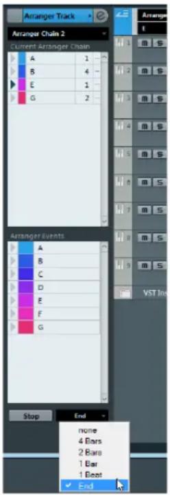 Arranger Track Arranger Chain 2 Current Arranger Chain A 1 B 4 E 1 G 2 Arranger Events A B C D E F G Stop End none 4 Bars 2 Bars 1 Bar 1 Boot ✓ End