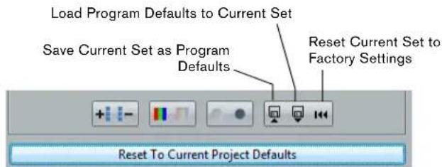 Load Program Defaults to Current Set Save Current Set as Program Defaults Reset Current Set to Factory Settings Reset To Current Project Defaults