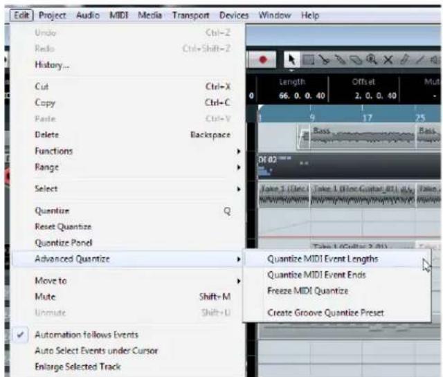 Edit Project Audio MIDI Media Transport Devices Window Help Undo Ctrl+2 Redo Ctrl+Shift-2 History... Cut Ctrl+X Copy Ctrl+C Paste Ctrl+Y Delete Backspace Functions Range Select Quantize Q Reset Quantize Quantize Panel Advanced Quantize Move to Mute Shift+M Unmute Shift+U Automation follows Events Auto Select Events under Cursor Enlarge Selected Track Length Offset Mut 66.0.0.40 2.0.0.40 9 17 25 Bass Bass DO 03 Take 3 (Start) Take 1 (Show Guatemala, BTL, etc.) Pull to Taku/My/My/My/My/My/My/My/My/My/My/My/My/My/My/My/My/My/My/My/My/My/My/My/My/My/My/My/My/My/My/My/My/My/My/My/My/My/My/My/My/My/My/My/My/My/My/My/My/My/My/By Quantize MIDI Event Lengths Quantize MIDI Event Ends Freeze MIDI Quantize Create Groove Quantize Preset
