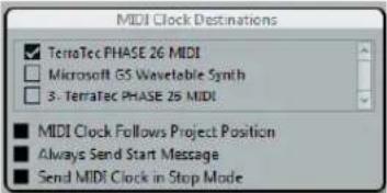 MIDI Clock Destinations ✓ TerraTec PHASE 26 MIDI □ Microsoft GS Wavetable Synth □ 3. TerraTec PHASE 25 MIDI ■ MIDI Clock Follows Project Position ■ Always Send Start Message ■ Send MIDI Clock in Stop Mode