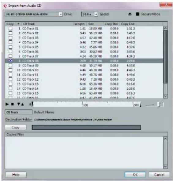 Import from Audio CD HL 01-STDVD-RAM CSA-H3ON Drive 32.0 x Speed Secure Mode Copy CD Track Length Size Copy Star Copy End 1 CD Track 01 1:51 18.80 MB 0:00.0 1:51.3 2 CD Track 02 5:45 58.13 MB 0:00.0 5:45.3 3 CD Track 03 4:12 42.48 MB 0:00.0 4:12.0 4 CD Track 04 9:46 7.77 MB 0:00.0 0:46.3 5 CD Track 05 4:32 45.86 MB 0:00.0 4:32.6 6 CD Track 06 3:03 30.82 MB 0:00.0 3:03.6 7 CD Track 07 4:34 45.18 MB 0:00.0 4:34.3 8 CD Track 08 2:09 21.79 MB 0:00.0 2:09.0 9 CD Track 09 4:58 50.17 MB 0:00.0 4:58.0 10 CD Track 10 4:46 48.28 MB 0:00.0 4:46.3 11 CD Track 11 4:49 48.76 MB 0:00.0 4:49.0 12 CD Track 12 9:43 7.28 MB 0:00.0 9:43.3 13 CD Track 13 6:16 65.38 MB 0:00.0 6:16.6 14 CD Track 14 1:28 16.49 MB 0:00.0 1:28.0 15 CD Track 15 6:16 65.49 MB 0:00.0 6:16.3 16 CD Track 16 4:47 47.49 MB 0:00.0 4:47.6 CD Track Default Name Destination Folder: C:\Users\Documents\Cubase Projects\Unblified-24\New folder Copy Copied Files