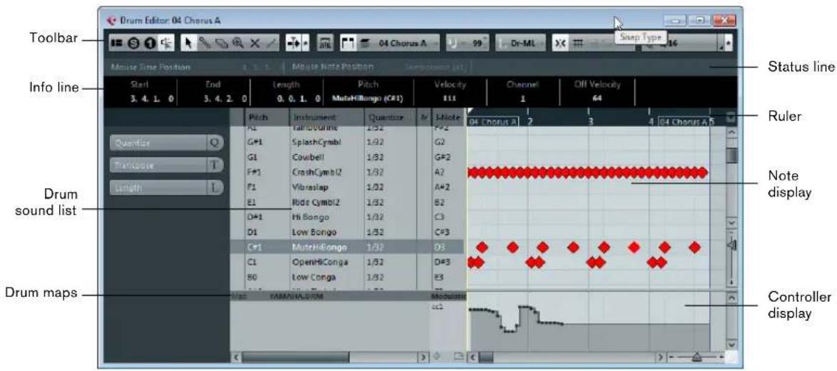 Drum Editor: 04 Chorus A Snap Type 16 Toolbar Info line Start 3. 4. 1. 0 End 3. 4. 2. 0 Length 0. 0. 1. 0 Pitch MutoHillongo (C#1) Quantize F#1 G#1 F#1 F1 E1 D#1 C#1 C1 B0 Status line Ruler Note display Drum sound list Drum maps Modulate cc1 Controller display