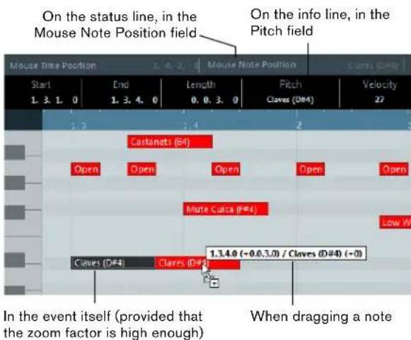 On the status line, in the Mouse Note Position field On the info line, in the Pitch field Mouse Time Position 1.4.2 Mouse Note Position Claves (D#4) Start End Length Pitch Velocity 1.3 1.4 2 Castanets (E4) Open Open Open Open Open Mute Cuica (F#4) Low W Claves (D#4) Claves (D#4) 1.3.4.0 (+0.0.3.0) / Claves (D#4) (+0) In the event itself (provided that the zoom factor is high enough) When dragging a note