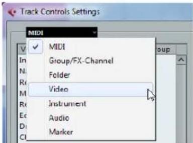 Track Controls Settings MIDI MIDI Group/FX-Channel Folder Video Instrument Audio Marker