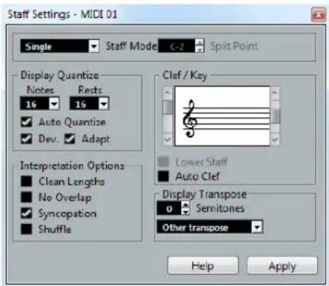 Staff Settings - MIDI 01 Single Staff Mode C-2 Split Point Display Quantize Notes Rests 16 16 ✓ Auto Quantize ✓ Dev. ✓ Adapt Interpretation Options ■ Clean Lengths ■ No Overlap ✓ Syncopation ■ Shuffle Clef / Key Lower Staff ■ Auto Clef Display Transpose 0 Semitones Other transpose Help Apply