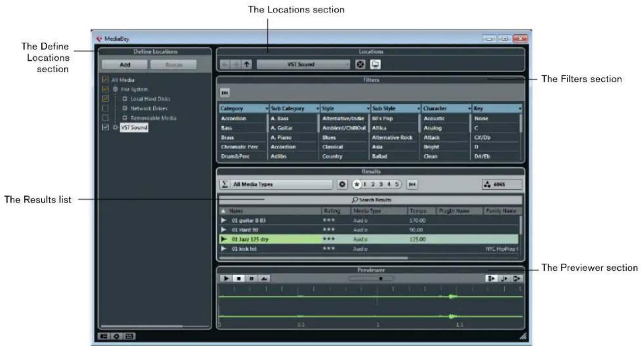 The Locations section The Define Locations section MediaBay Define Locations Add Return All Media File System Local Hand Dicks Network Drivers Removable Media VST Sound Locations VST Sound Filters Category Sub Category Style Sub Style Character Key Accordion A. Bass Alternative/Indie 80's Pop Acoustic None Bass A. Guitar Ambient/ChillOut Africa Analog C Brass A. Piano Blues Alternative Rock Attack CF/Db Chromatic Pers Accordion Classical Asia Bright D Drumb&Perc Addibs Country Ballad Clean D#/Eb Results All Media Types 1 2 3 4 5 H# 6065 Search Results Name Rating Media Type Tempo Plugin Name Family Name 01 guitar B 03 Audio 170.00 01 Hard 90 Audio 60.00 01 Jazz 125 dry Audio 125.00 01 kick hit Audio MFC HipHop I Previewer The Previewer section