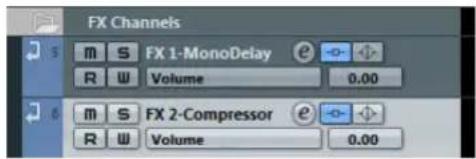 FX Channels m S FX 1-MonoDelay e R W Volume 0.00 m S FX 2-Compressor e R W Volume 0.00