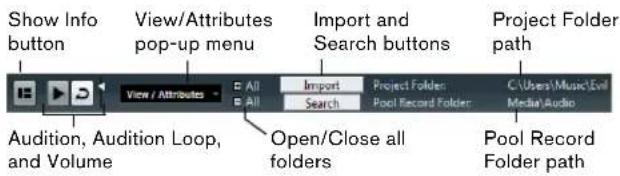 Show Info button View/Attributes pop-up menu Import and Search buttons Project Folder path View / Attributes All Import Project Folders C:\Users\Music\Evil Media\Audio Search Pool Record Folder Open/Close all folders Audition, Audition Loop, and Volume Pool Record Folder path