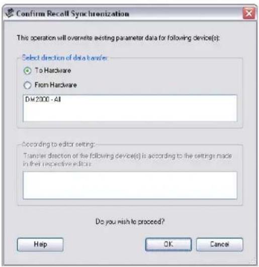 Confirm Recall Synchronization This operation will overwrite existing parameter data for following device(s): Select direction of data transfer: To Hardware From Hardware DM2000 - All According to editor setting: Transfer direction of the following device(s) is according to the settings made in their respective editors. Do you wish to proceed? Help OK Cancel