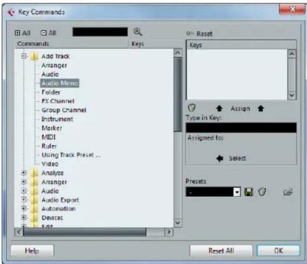 Key Commands All All Commands Add Track Arranger Audio Audio Mono Folder FX Channel Group Channel Instrument Marker MDI Ruler Using Track Preset ... Video Analyze Arranger Audio Audio Export Automation Devices Edit 0x Reset Keys Type in Key: Assigned to: Select Presets Help Reset All OK
