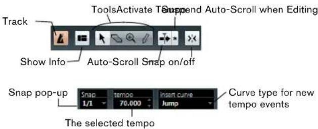 ToolsActivate T Suspend Auto-Scroll when Editing Track Show Info Auto-Scroll Snap on/off Snap pop-up 1/1 tempo 70.000 insert curve Jump Curve type for new tempo events The selected tempo