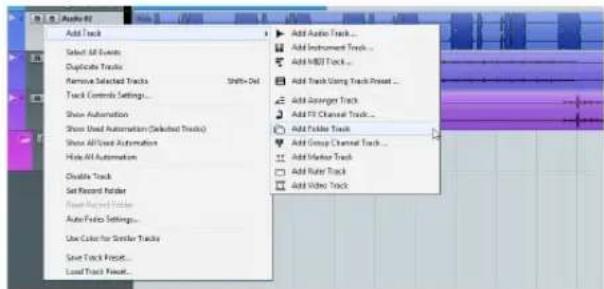 Add Audio Track... Select All Events Duplicate Tracks Remove Selected Tracks Shells-Del Track Controls Settings... Show Automation Show Used Automation (Selected Tracks) Show All User Automation Help All Automation Enable Track Set Record Folder Power Adjusted Folder Auto Radio Settings... Use Color for Similar Tracks Save Track Format... Load Track Format... Add Audio Track... Add Instrument Track... Add MBD Track... Add Track Using Track Preset ... Add Geiger Track Add FT Channel Track... Add Folder Track Add Group Channel Track... Add Marker Track Add Ruler Track Add Video Track