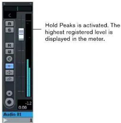Hold Peaks is activated. The highest registered level is displayed in the meter. -1.2 0.00 Audio 01 1