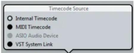 Timecode Source ○ Internal Timecode ● MIDI Timecode ● ASIO Audio Device ● VST System Link