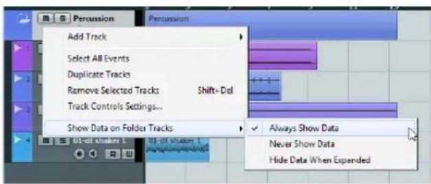Add Track Select All Events Duplicate Tracks Remove Selected Tracks Shift+Del Track Controls Settings... Show Data on Folder Tracks Always Show Data Never Show Data Hide Data When Expanded