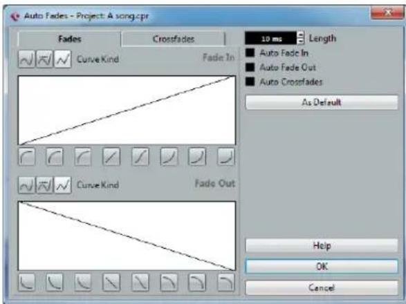 Auto Fades - Project: A song.cpr Fades Crossfades ✓ ✓ ✓ Curve Kind Fade In ✓ ✓ ✓ Curve Kind Fade Out 10 ms Length ■ Auto Fade In ■ Auto Fade Out ■ Auto Crossfades As Default Help OK Cancel
