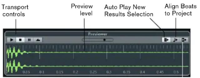 Transport controls Preview level Auto Play New Results Selection Align Beats to Project Previewer 0.05 0.1 0.15 0.2 0.25 0.3 0.35 0.4 0.45 0.5