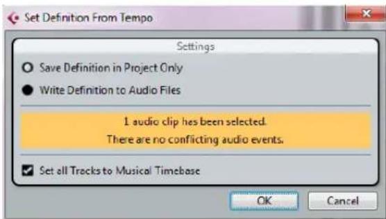 Set Definition From Tempo Settings Save Definition in Project Only Write Definition to Audio Files 1 audio clip has been selected. There are no conflicting audio events. Set all Tracks to Musical Timebase OK Cancel