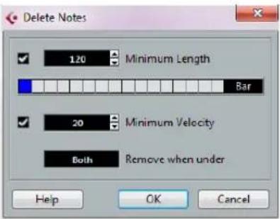 Delete Notes ✓ 120 Minimum Length Bar ✓ 20 Minimum Velocity Both Remove when under Help OK Cancel