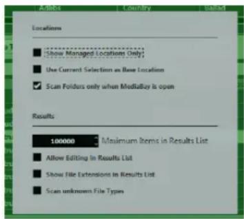 Activities Location Used Locations ■ Show Managed Locations Only ■ Use Current Selection as New Location ✓ Scan Folders only when MediaBay is open Results 100000 3 Minimum Items in Results List ■ Allow Editing In Results List ■ Show File Extensions in Results List ■ Scan unknown File Types