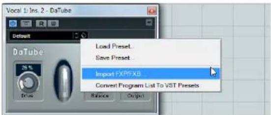 Vocal 1:Ins. 2 - DoTube Default DoTube 26% Drive Load Preset... Save Preset... Import FXPIFX0 ... Convert Program List To VST Presets Balance Output