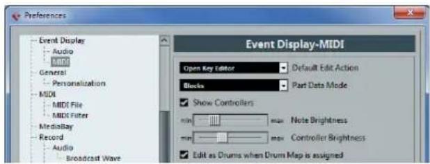 Preferences Event Display Audio MIDI General Personalization MIDI MIDI File MIDI Filter MediaBay Record Audio Broadcast Wave Event Display-MIDI Open Key Editor Default Edit Action Blocks Part Data Mode Show Controllers min max Note Brightness min max Controller Brightness Edit as Drums when Drum Map is assigned
