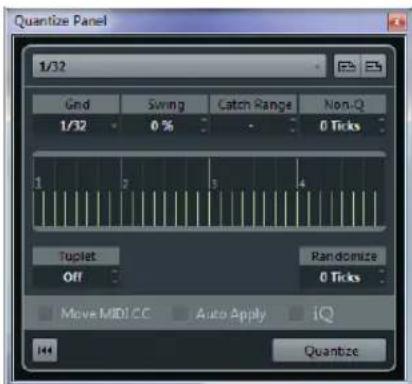 Quantize Panel 1/32 Grid Swing Catch Range Non-Q 1/32 0 % 0 Ticks 1 2 3 4 Tuplet Pandimize Off 0 Ticks Move MIDI CC Auto Apply*iQ Quantize H44