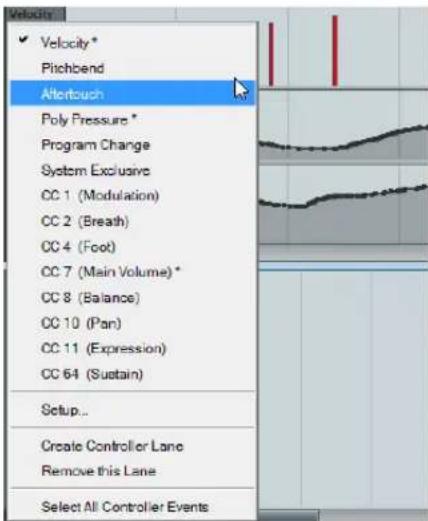 Velocity ✓ Velocity* Pitchbend Aftertouch Poly Pressure * Program Change System Exclusive CC 1 (Modulation) CC 2 (Breath) CC 4 (Foot) CC 7 (Main Volume)* CC 8 (Balance) CC 10 (Pan) CC 11 (Expression) CC 64 (Sustain) Setup... Create Controller Lane Remove this Lane Select All Controller Events