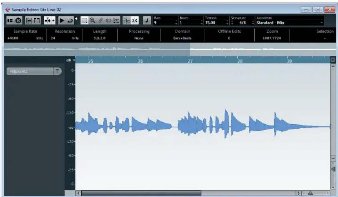 Sample Edition: Gtr Line-02 Sample Rate 44100 kHz Resolution 24 bits Length 5.0,2.0 Processing None Domain Bars+Beats Offline Edits Zoom 1007.7724 Selection Hitpoints 25 26 27 28 29 0 -25 -40 -60 -80 -100 -120 -140 -160 -180 -200 -220 -240 -260 -280 -300 -320 -340 -360 -380 -400 -420 -440 -460 -480 -500