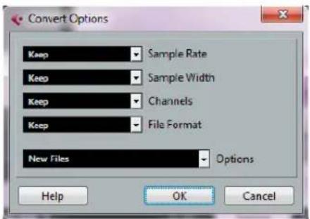 Convert Options Keep Sample Rate Keep Sample Width Keep Channels Keep File Format New Files Options Help OK Cancel