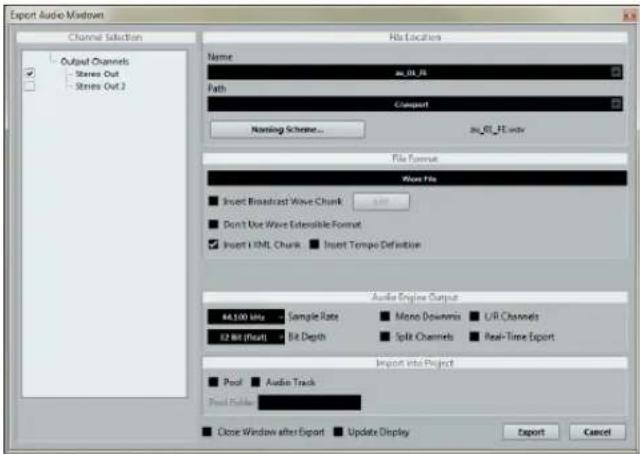 Export Audio Modown Channel Selection Output Channels Stres Out Stres Out 2 Hs Location Name au_01_FL Path Transport Naming Scheme... au_01_FL import File Format Wave File ■ Insert Broadcast Wave Chunk ■ Don't Use Wave Extensible Format ✓ Insert HTML Chunk ■ Insert Tempo Default Audio Engine Output 84.100 Inte Sample Rate Mono Downers U/R Channels 52 Bit (Host) Bit Depth Split Channels Real-Time Export Import Into Project Pool Audio Track Pool Folder Close Window after Export Update Display Export Cancel